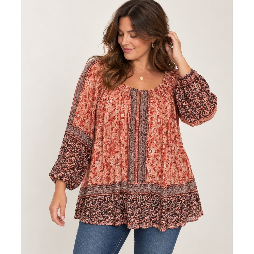 Lucky Brand Peasant Top 2X Orange Floral Paisley Smocked Boho Tunic